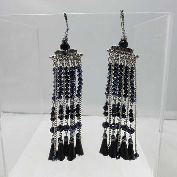 Ali Khan black gunmetal ripple long fringe glass bead earring - Picture 1 of 7